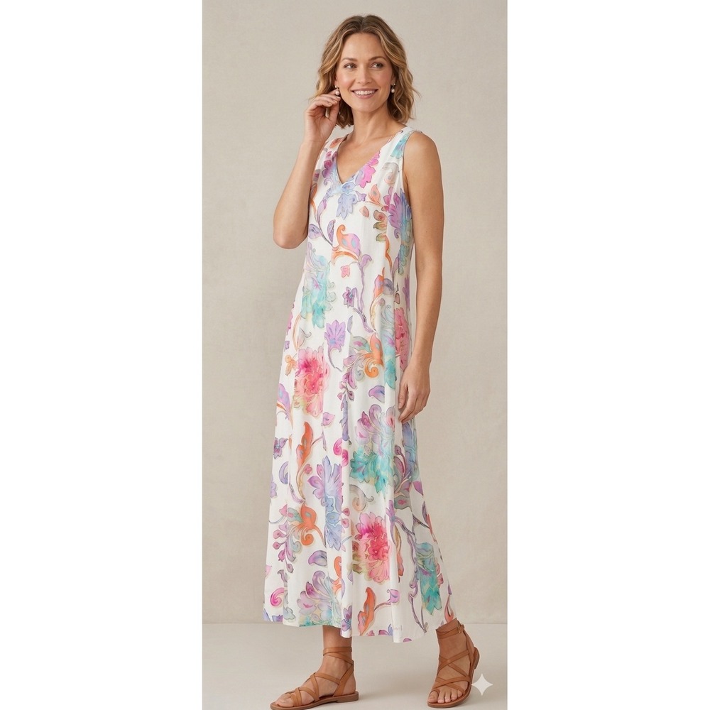 NWT Soft Surroundings Maxi Dress Womens XL White Floral Paisley Sleeveless